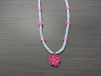 N-8511 - Fimo Flower on Clam Shell Necklace - Pink