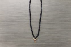 SN-8049 - Genuine Shark Tooth on Wood & Hematite Bead Necklace