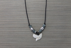 SN-8116 - Genuine Shark Tooth Necklace on Cord w/ Metal & Wood Beads