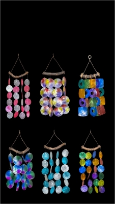 C-207 Capiz Wind Chime Assortment.  Sold as set of 12 Pieces (6 Designs - 2 of Each Design in Set)