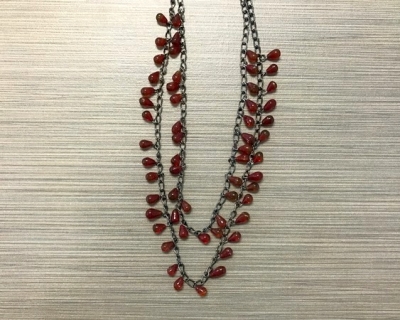 N-8233 - Double Strand Glass Teardrop Necklace - Dark Amber