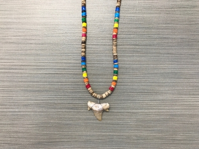 SN-8158   Shark Tooth Necklace - Multi-colored Clam Shell and Brown Coconut Beads