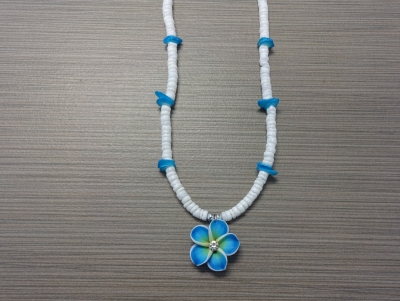 N-8512 - Fimo Flower on Clam Shell Necklace - Turquoise
