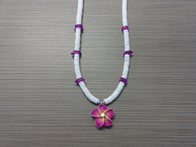 N-8514 - Fimo Flower on Clam Shell Necklace - Purple