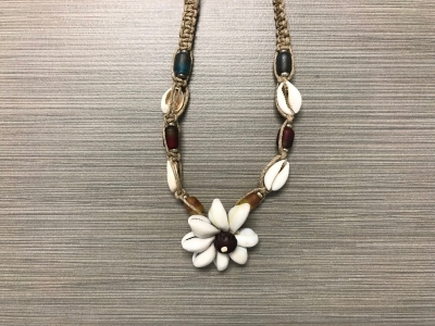 N-8588 - Cowry Flower & Hemp w/ Colored Glass Beads Necklace (unit-dz)