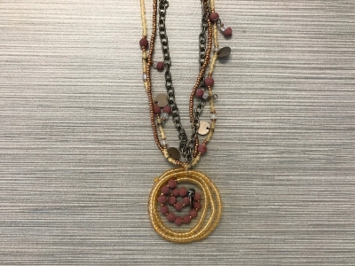 N-296 Ethnic Stone, Glass and Brass Pendant Necklace