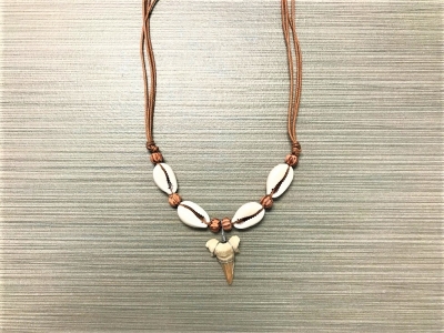 SN-8180  Shark Tooth Necklace w/ Cowry - Brown