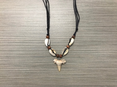 SN-8181  Shark Tooth Necklace w/ Cowry - Black