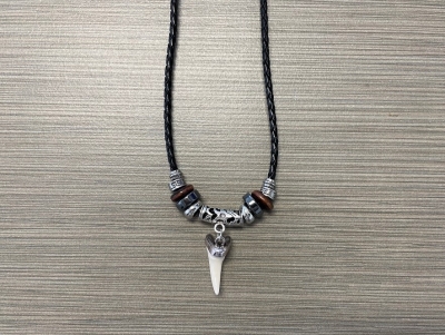 LARGE 25-28mm BULL SHARK TOOTH BLACK LEATHER CORD NECKLACE BACK BONE BEAD c180 