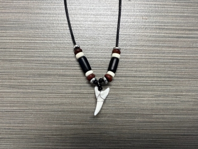 SN-4103 - Genuine Shark Tooth Necklace on Cord w/ Metal, Bone and Wood Beads