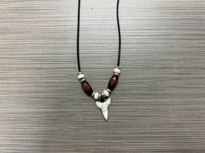 SN-4101 - Genuine Shark Tooth Necklace on Cord w/ Metal, Bone and Wood Beads
