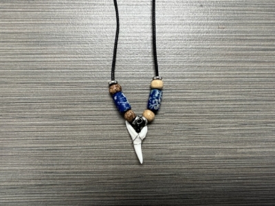 SN-4106 - Genuine Shark Tooth Necklace on Cord w/ Metal, Bone and Wood Beads