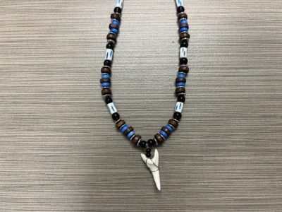 SN-4113 - Genuine Shark Tooth Fashion Necklace w/ Metal, Bone and Wood Beads