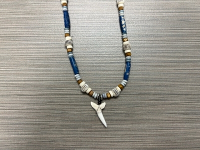 SN-4115 - Genuine Shark Tooth Fashion Necklace w/ Metal, Bone and Wood Beads