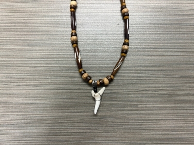 SN-4119 - Genuine Shark Tooth Fashion Necklace w/ Metal, Bone and Wood Beads