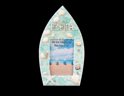 1813 - Wooden Boat Photo Frame - Blue Sea Glass and Shell Design