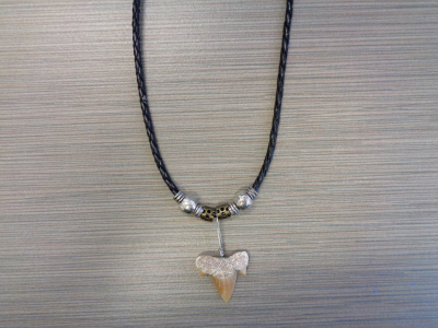 SN-8193  Shark Tooth Necklace - Black Cord with Silver and Brass Beads